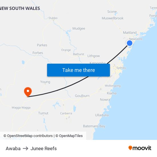 Awaba to Junee Reefs map