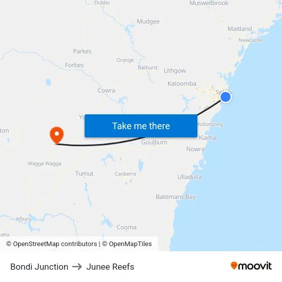 Bondi Junction to Junee Reefs map