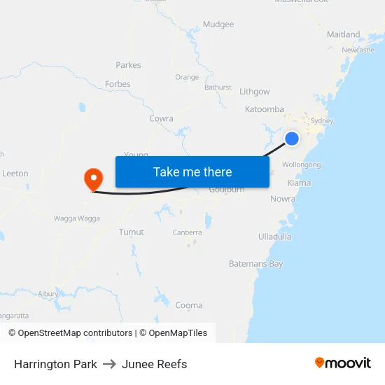 Harrington Park to Junee Reefs map
