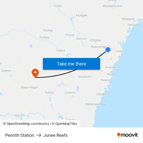Penrith Station to Junee Reefs map