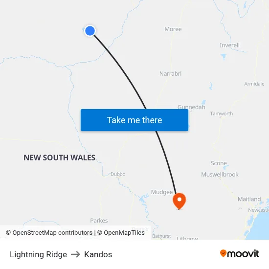 Lightning Ridge to Kandos map