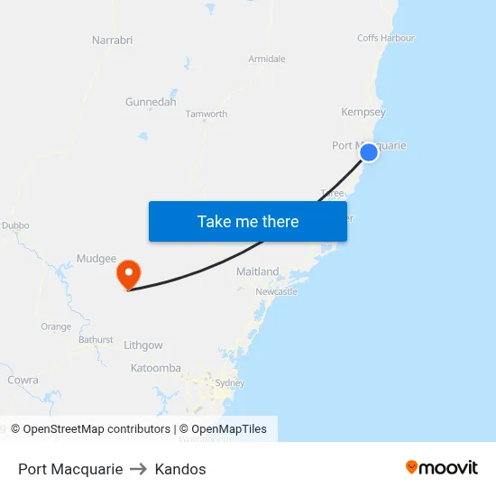 Port Macquarie to Kandos map