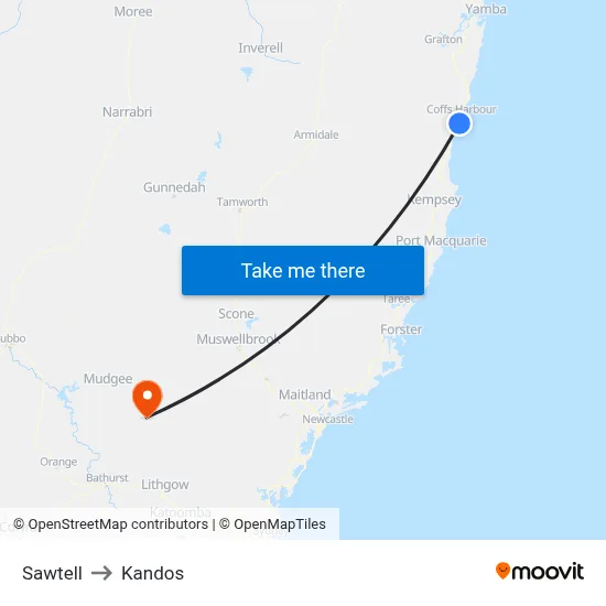 Sawtell to Kandos map