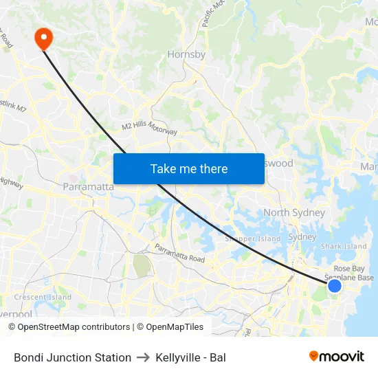 Bondi Junction Station to Kellyville - Bal map