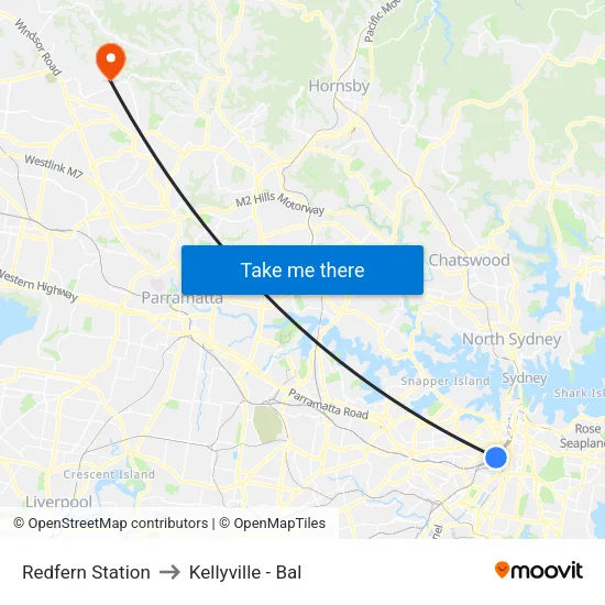 Redfern Station to Kellyville - Bal map
