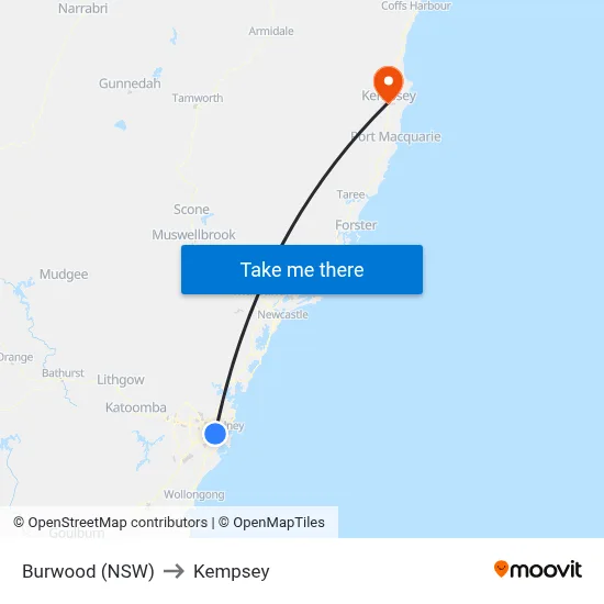 Burwood (NSW) to Kempsey map