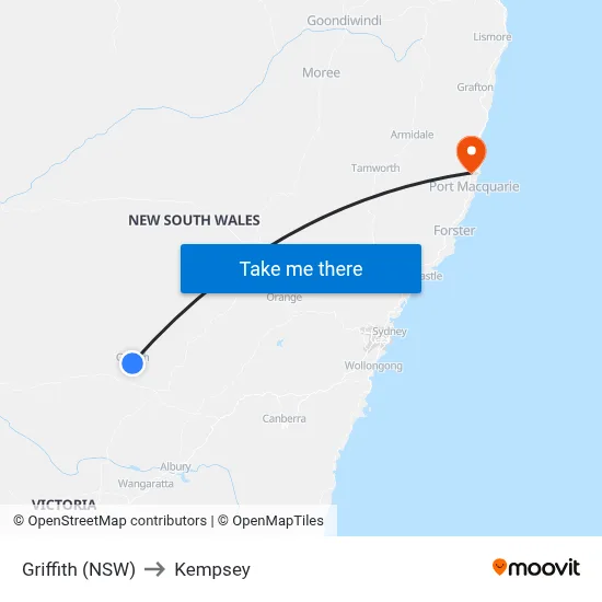 Griffith (NSW) to Kempsey map