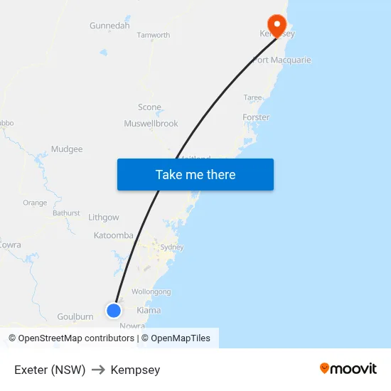 Exeter (NSW) to Kempsey map
