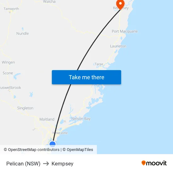 Pelican (NSW) to Kempsey map