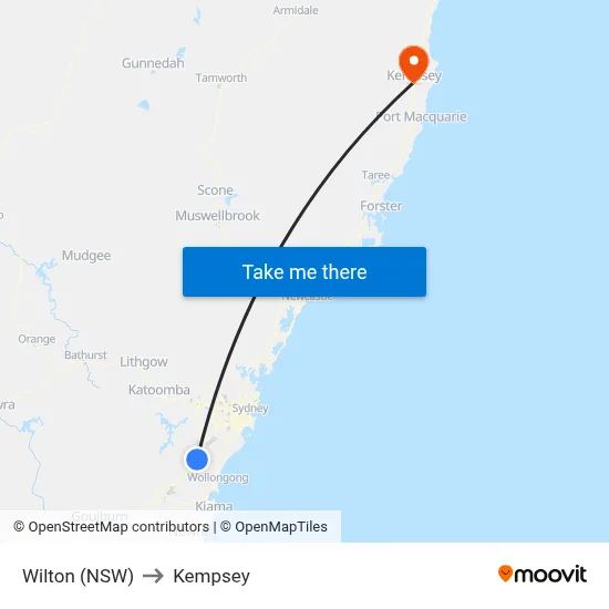 Wilton (NSW) to Kempsey map