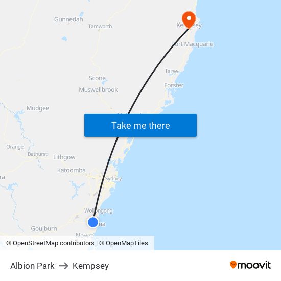Albion Park to Kempsey map