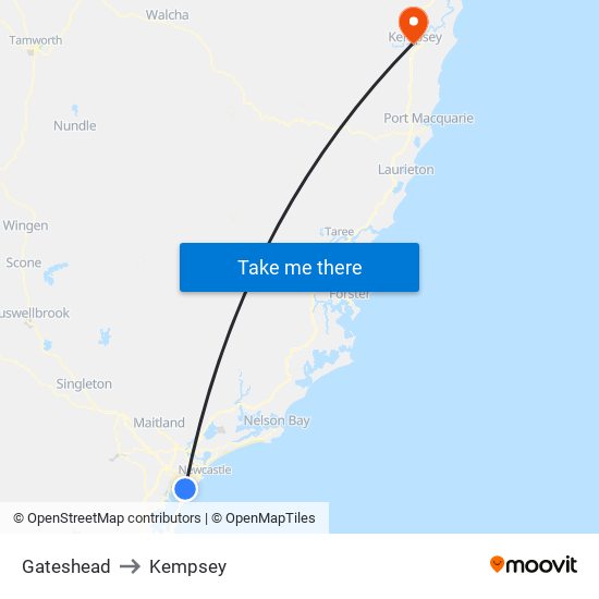 Gateshead to Kempsey map