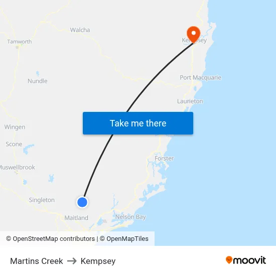 Martins Creek to Kempsey map