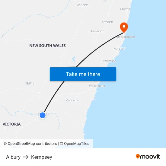 Albury to Kempsey map