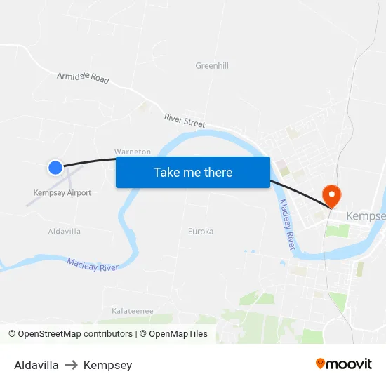 Aldavilla to Kempsey map