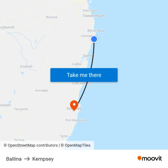 Ballina to Kempsey map