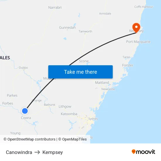 Canowindra to Kempsey map