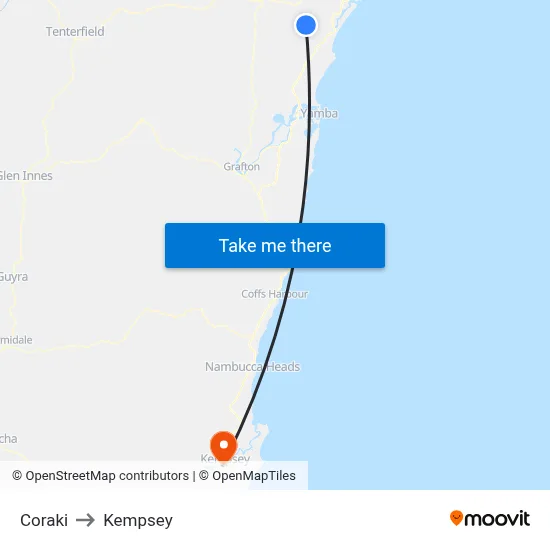 Coraki to Kempsey map