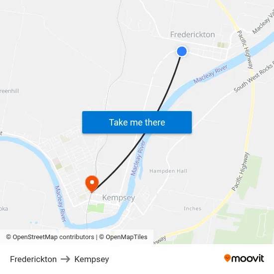 Frederickton to Kempsey map