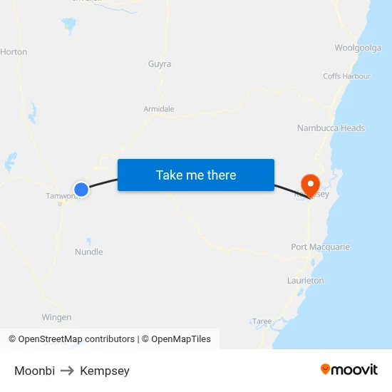 Moonbi to Kempsey map