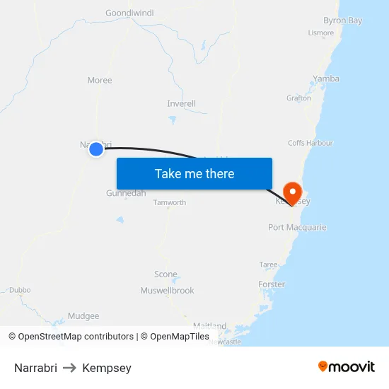 Narrabri to Kempsey map
