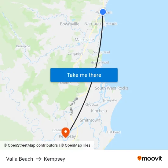 Valla Beach to Kempsey map