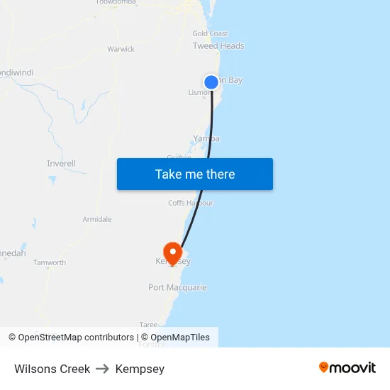 Wilsons Creek to Kempsey map