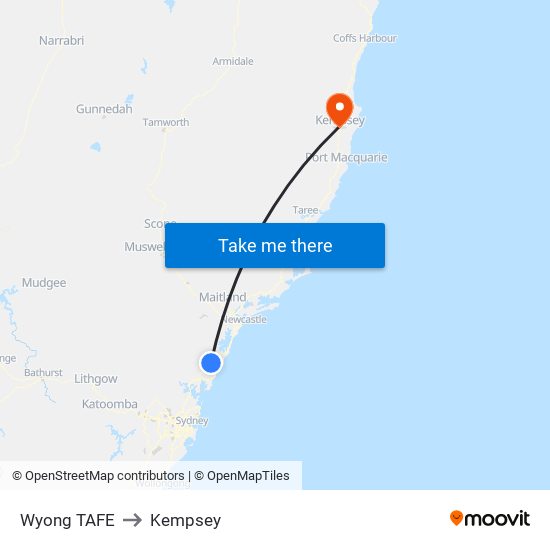 Wyong TAFE to Kempsey map