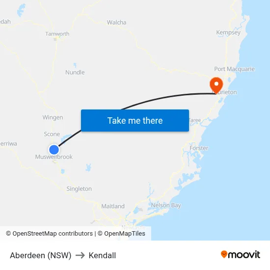Aberdeen (NSW) to Kendall map