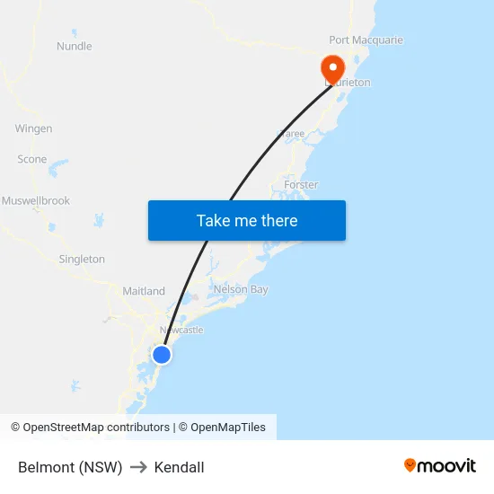 Belmont (NSW) to Kendall map