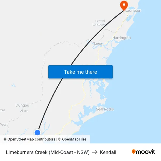 Limeburners Creek (Mid-Coast - NSW) to Kendall map