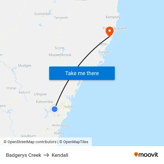 Badgerys Creek to Kendall map