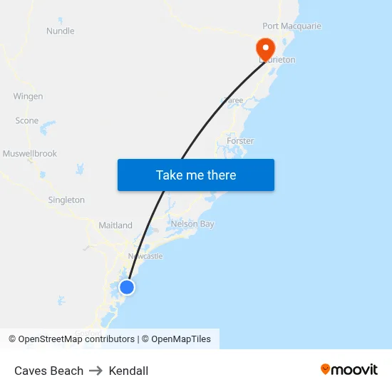 Caves Beach to Kendall map