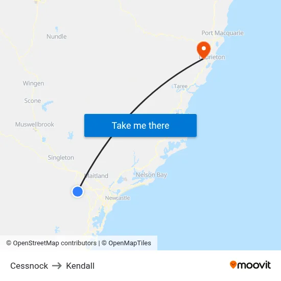 Cessnock to Kendall map