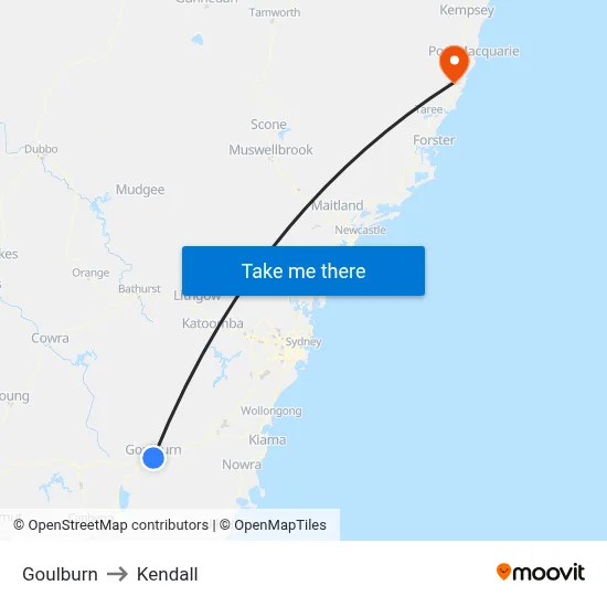 Goulburn to Kendall map