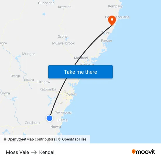 Moss Vale to Kendall map