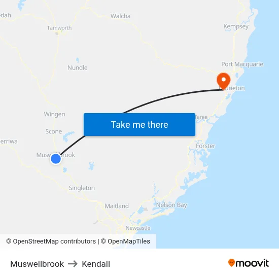 Muswellbrook to Kendall map