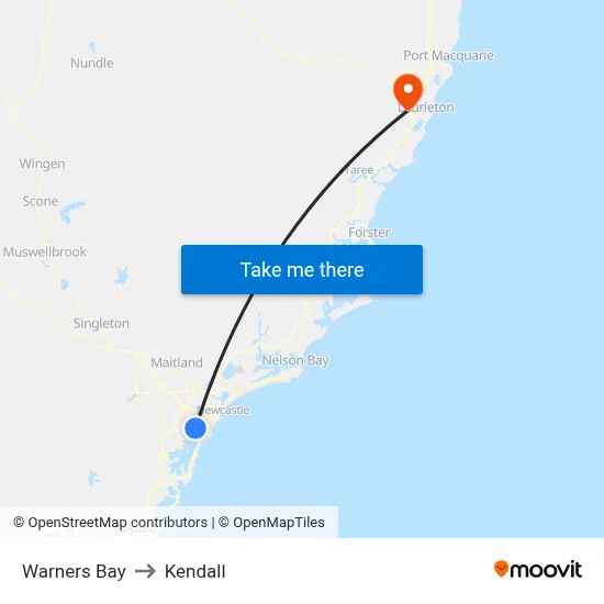 Warners Bay to Kendall map