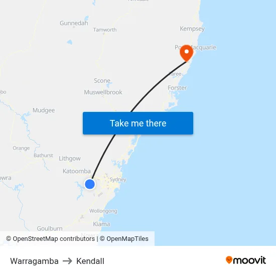 Warragamba to Kendall map