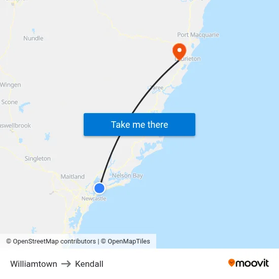 Williamtown to Kendall map