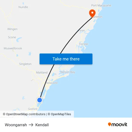 Woongarrah to Kendall map