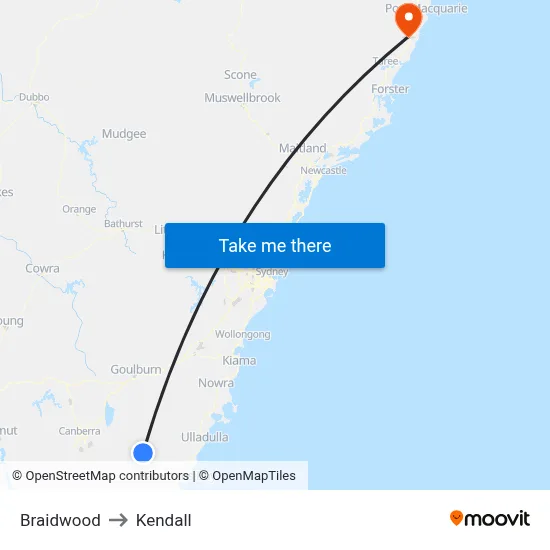Braidwood to Kendall map