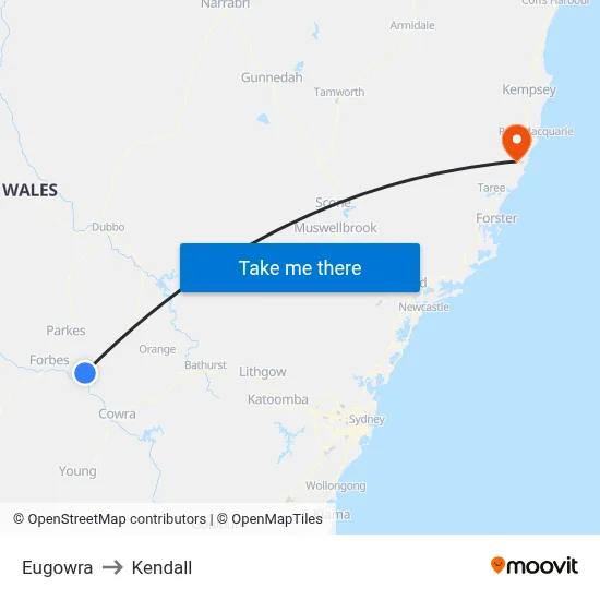 Eugowra to Kendall map