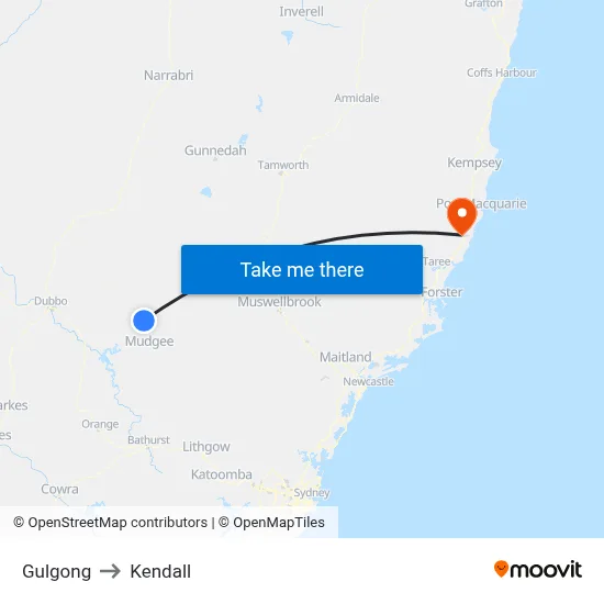 Gulgong to Kendall map