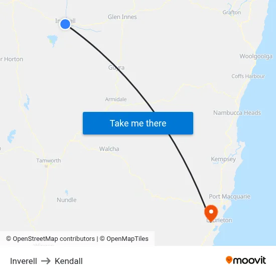 Inverell to Kendall map