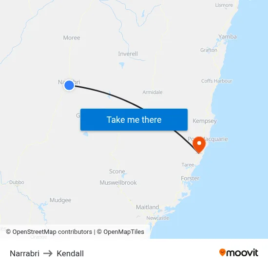 Narrabri to Kendall map