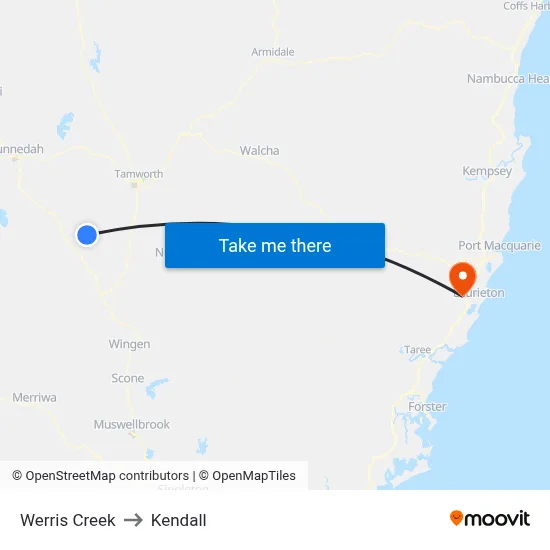 Werris Creek to Kendall map