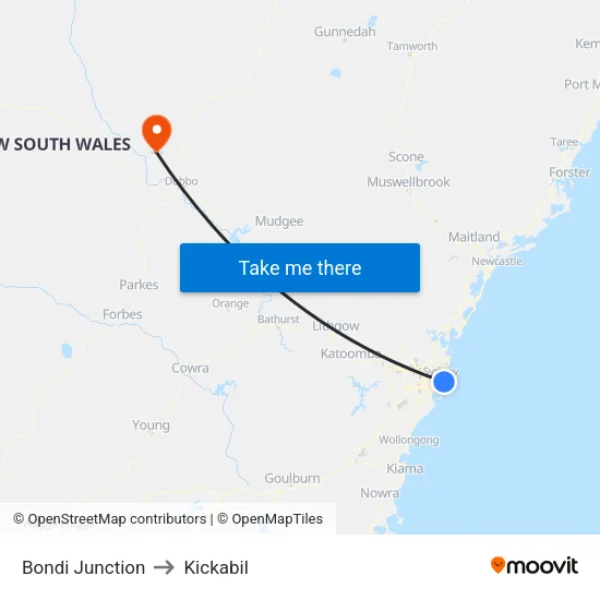 Bondi Junction to Kickabil map