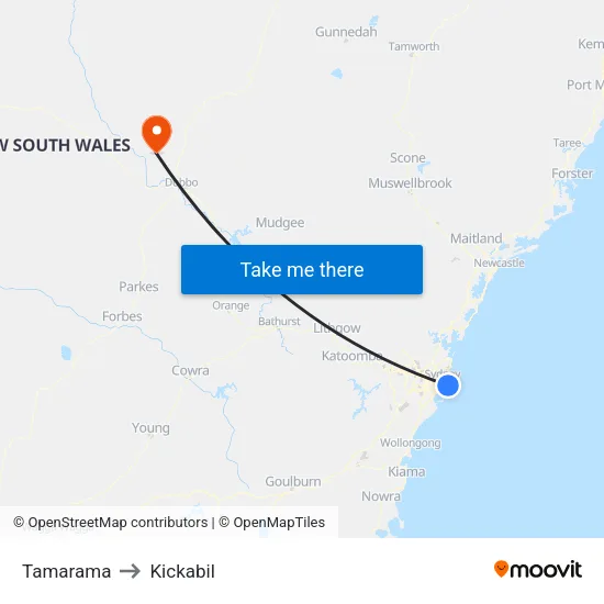 Tamarama to Kickabil map
