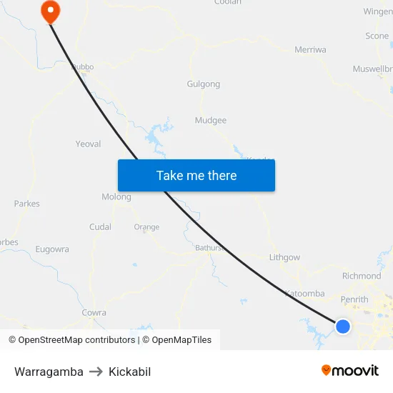 Warragamba to Kickabil map